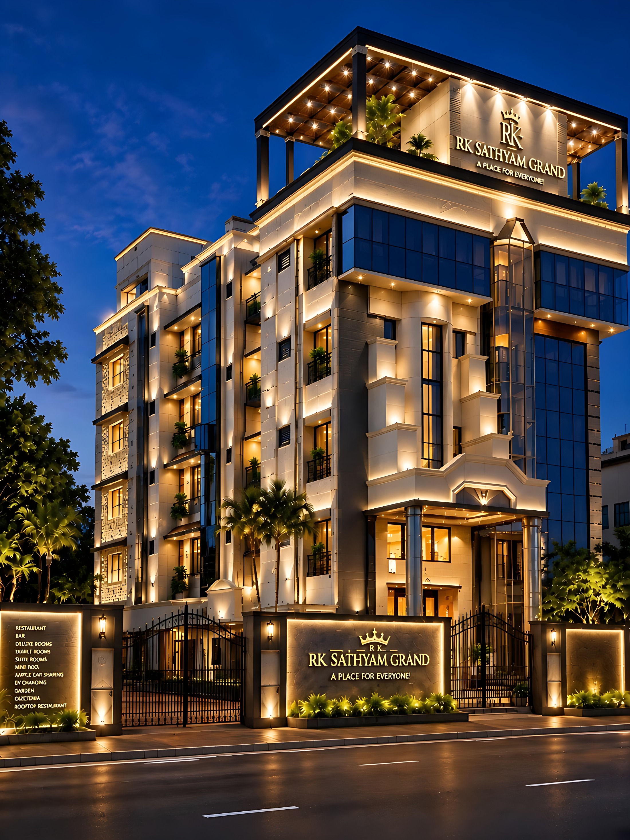 RK Sathyam Grand hotel exterior lit up at dusk