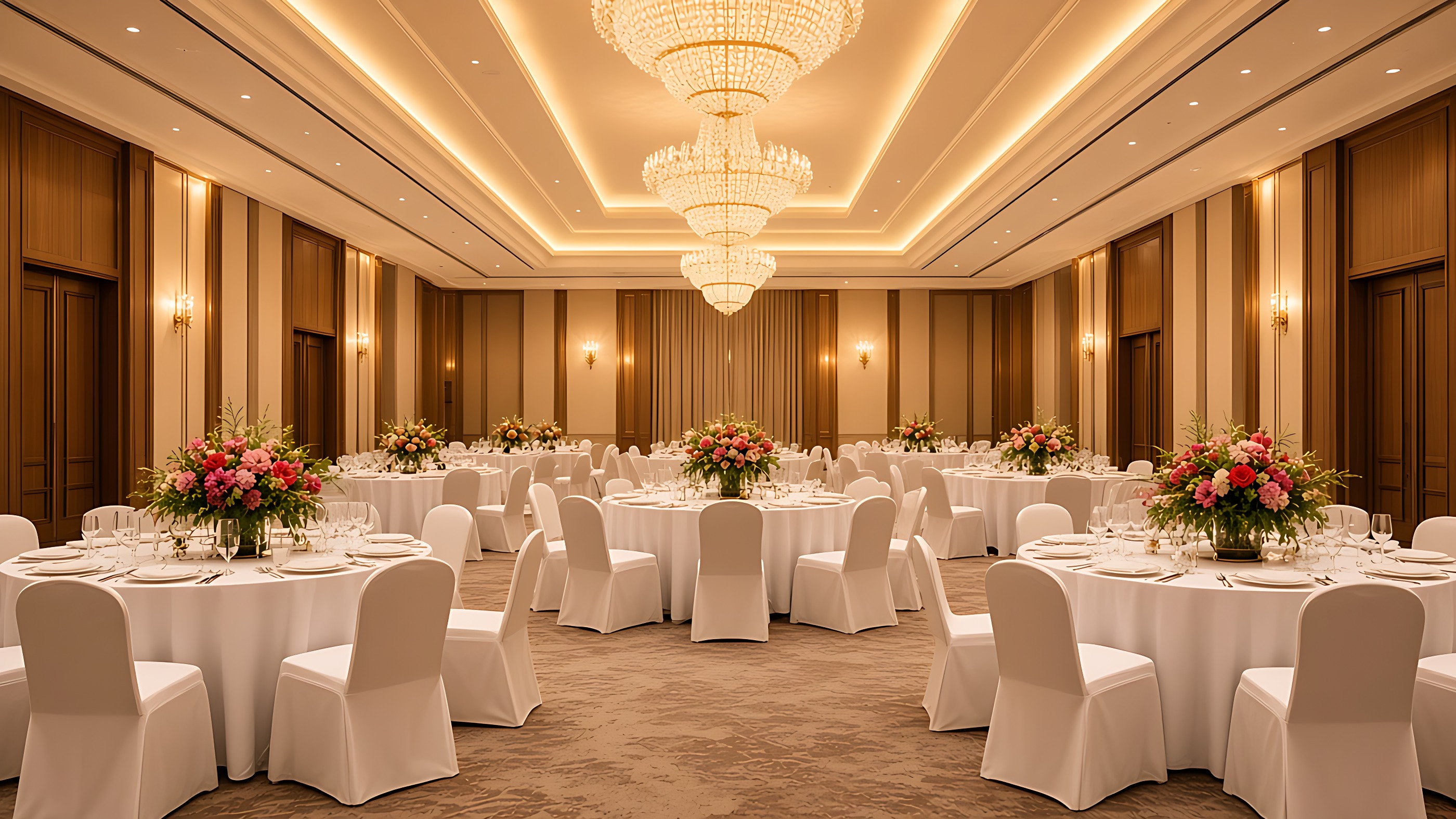 The banquet hall at RK Sathyam Grand set for a celebration
